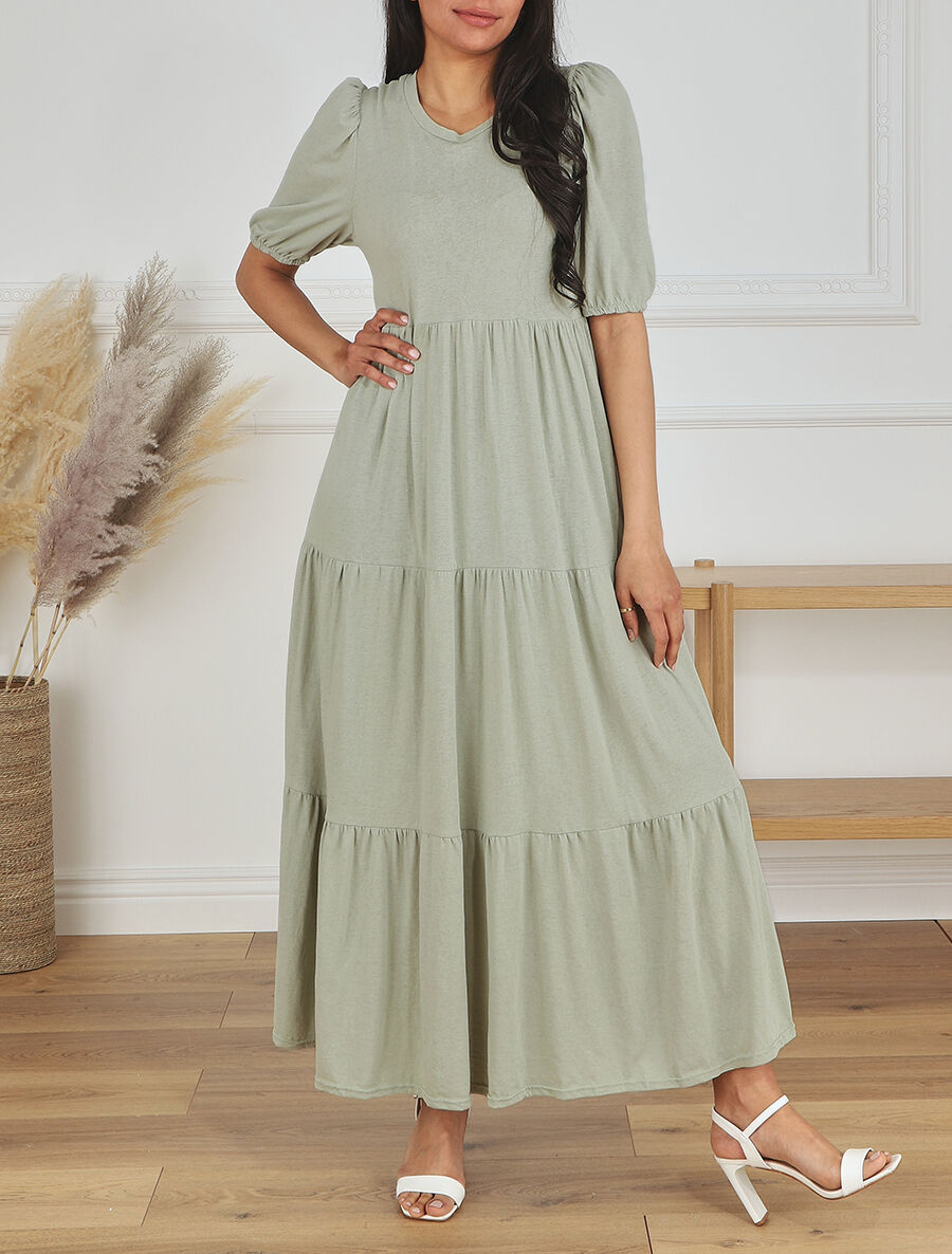 Robe longue à manches paysannes élastiquées - Vert d&