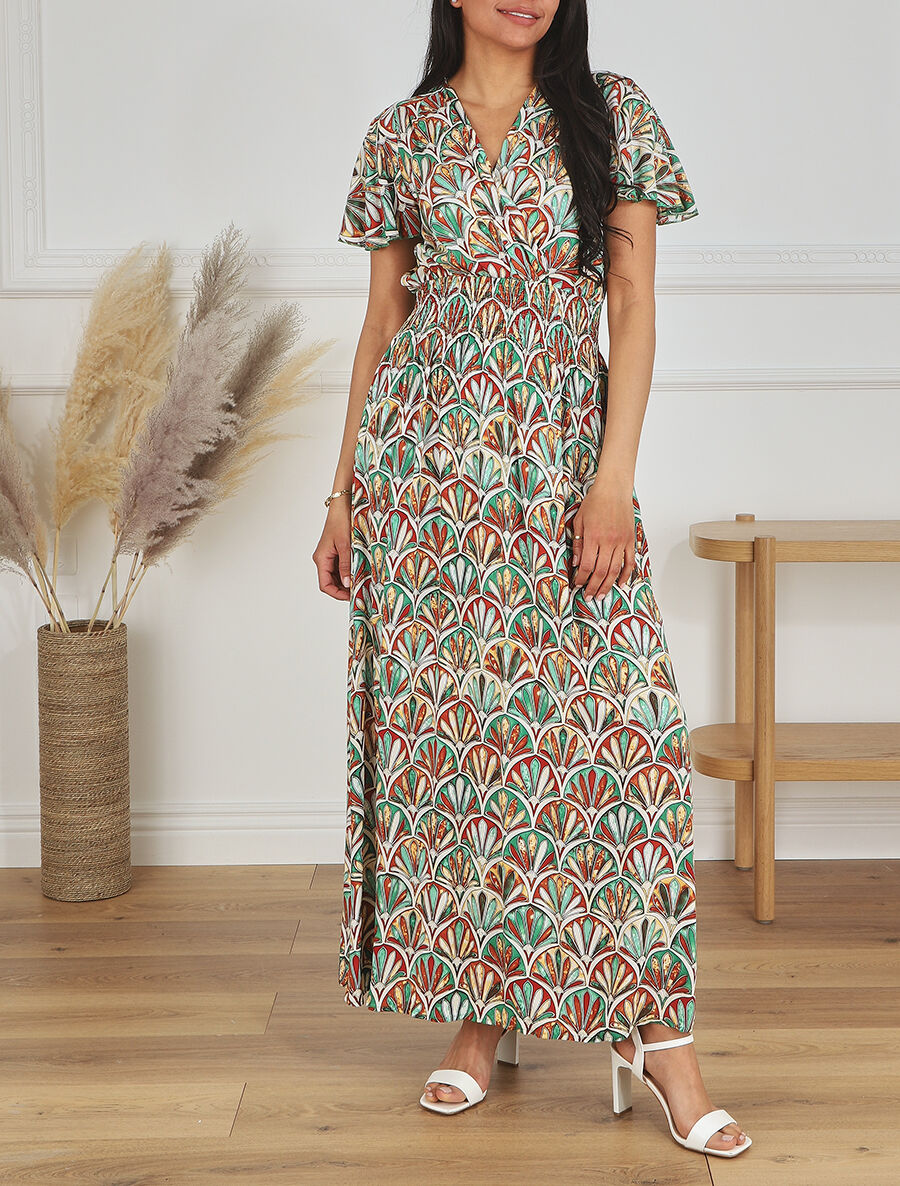 Robe longue manches courtes imprimé fantaisie - Marron/vert - 4