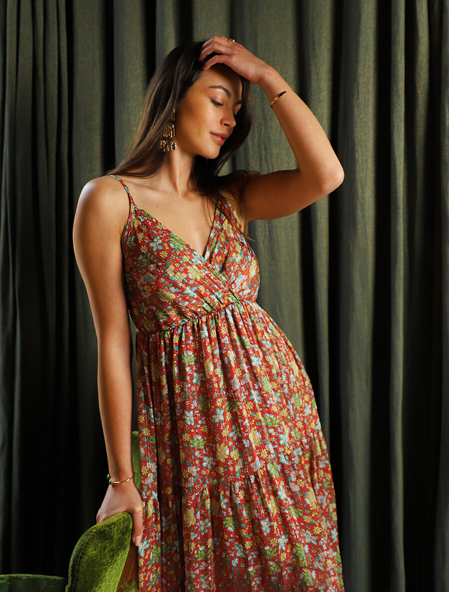 Robe longue fleurie et satinée à bretelles - Rouille - 5