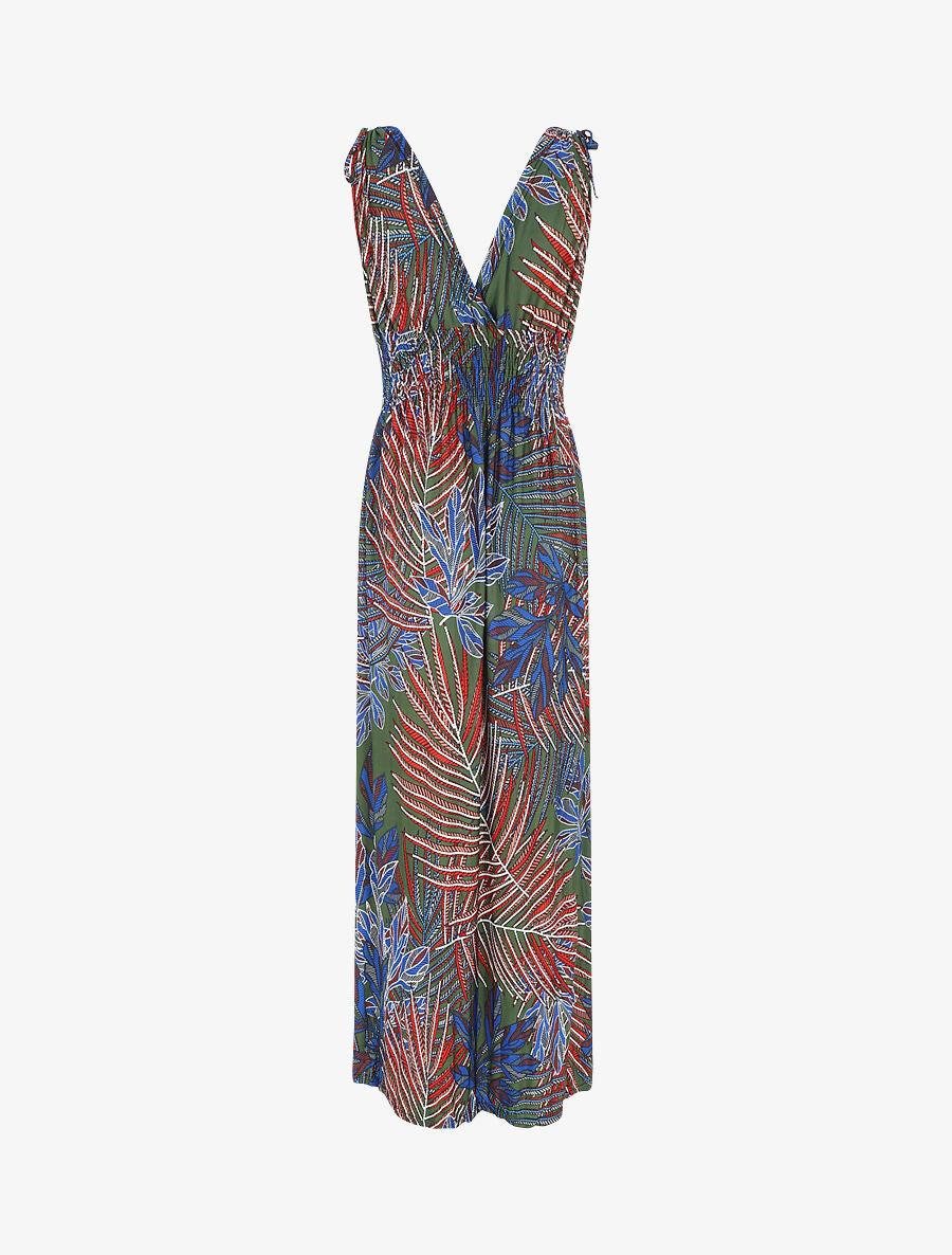 Robe longue élastiquée imprimé feuilles exotiques - Kaki - 2