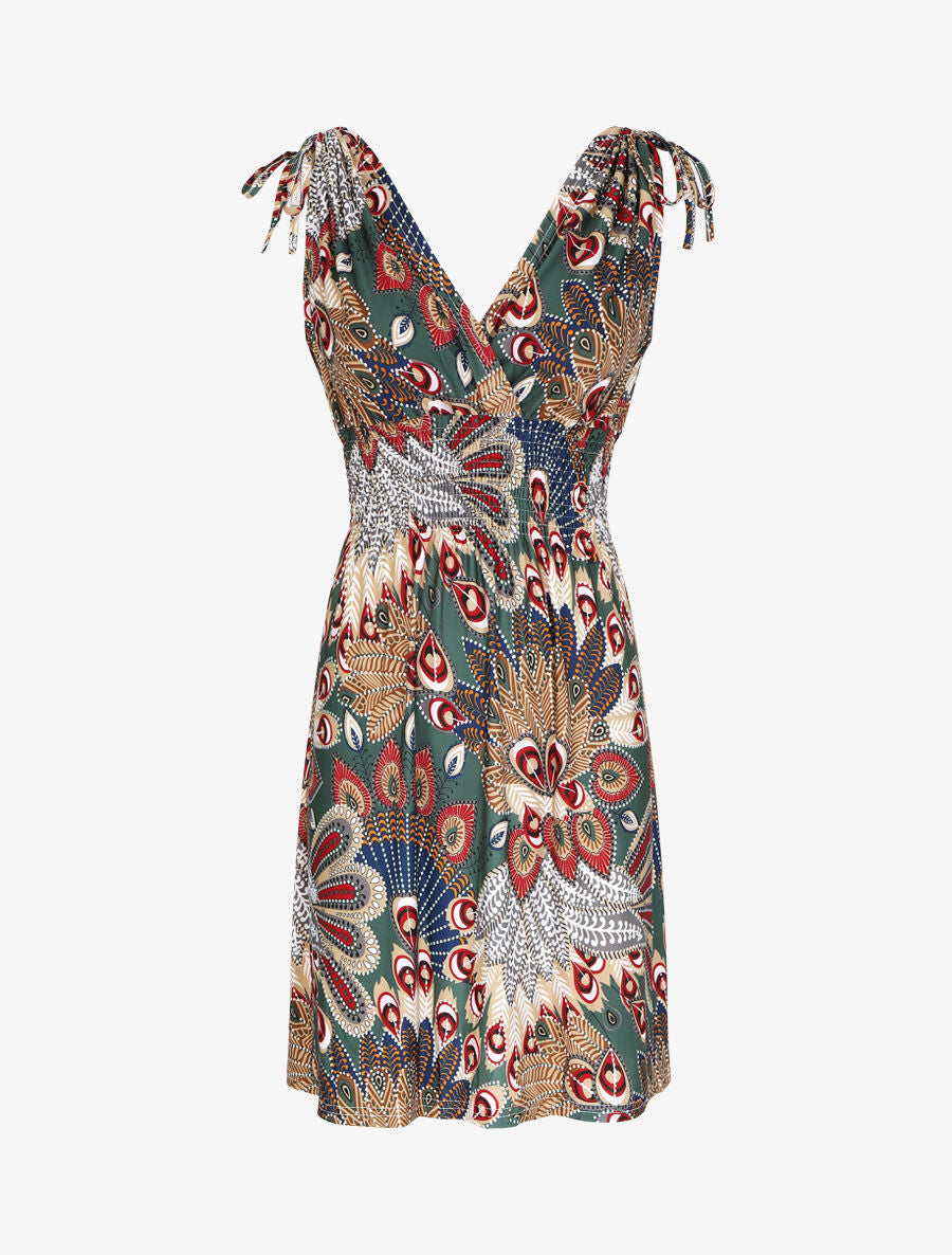 Robe mi-longue élastiquée imprimé plumes de paon - Vert - 1