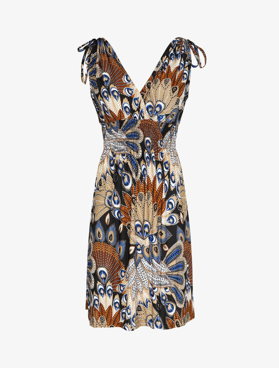 Robe mi-longue élastiquée imprimé plumes de paon - Bleu - 5