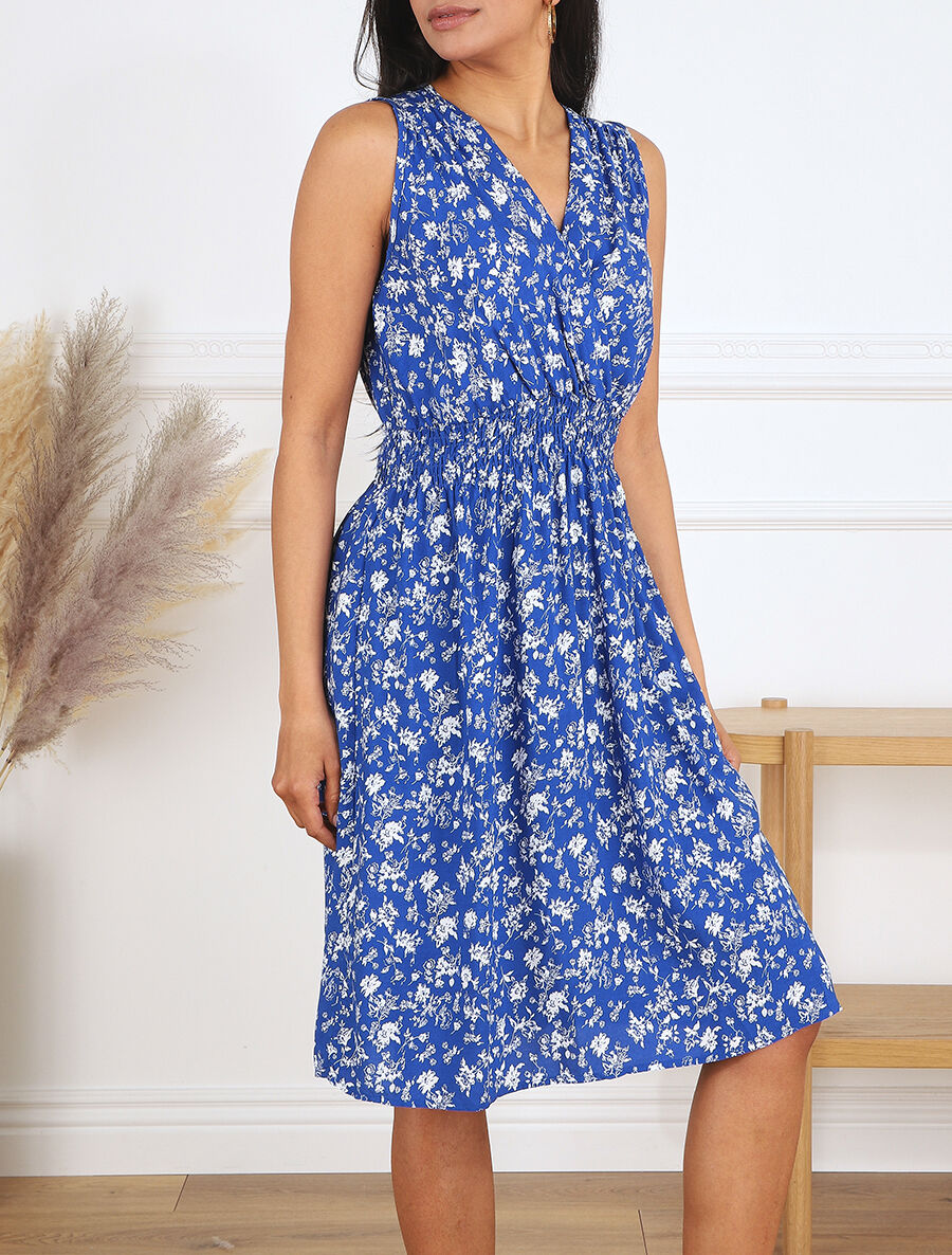 Robe imprimé fleuri à col cache-coeur - Bleu - 4
