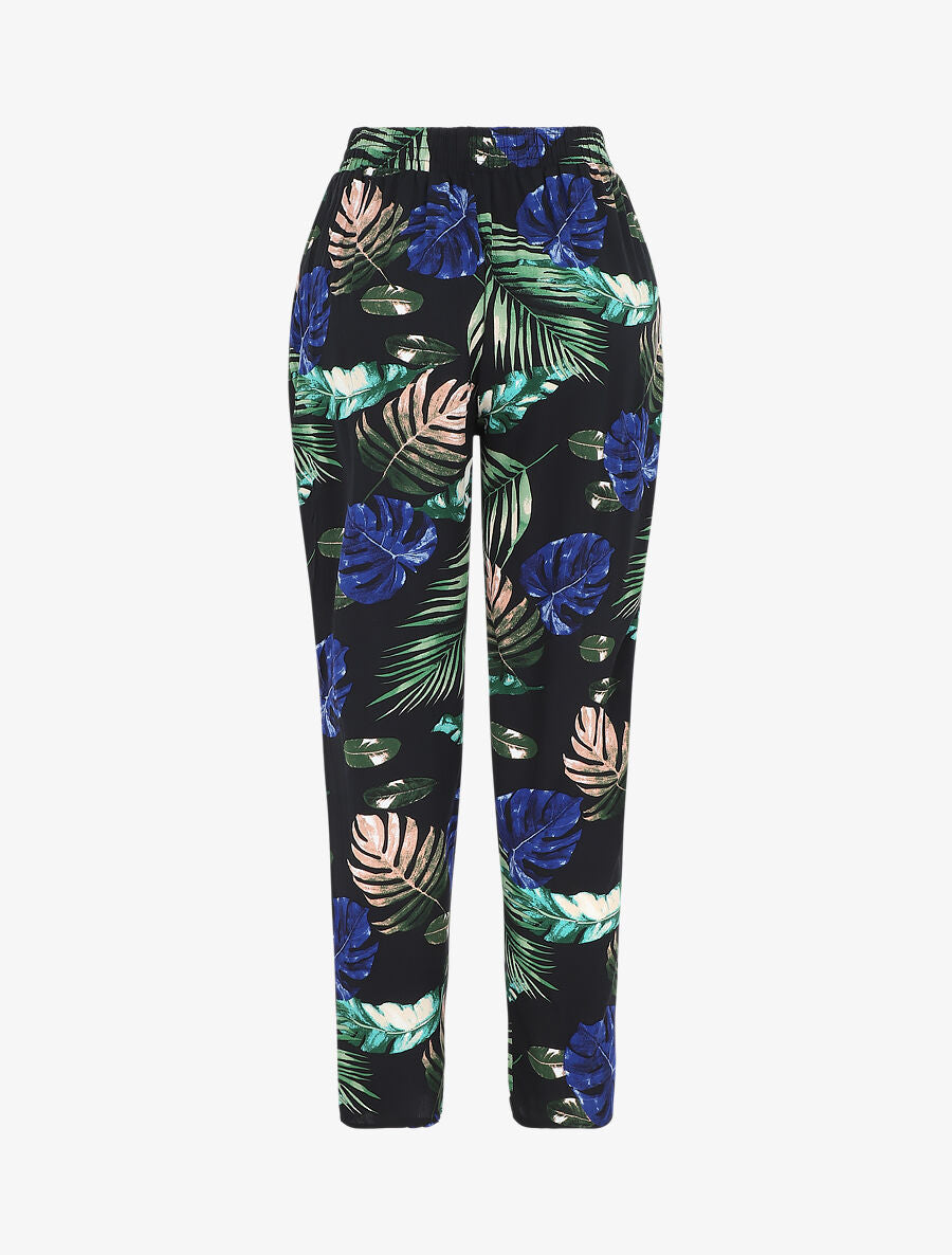 Pantalon élastiqué imprimé feuilles tropicales - Noir - 2