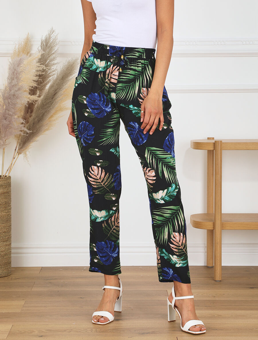 Pantalon élastiqué imprimé feuilles tropicales - Noir - 4