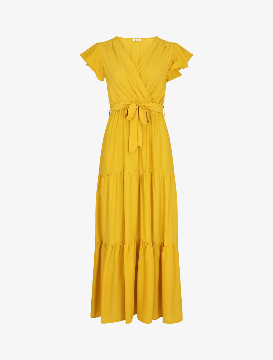 Robe longue unie manches courtes - Jaune - 5