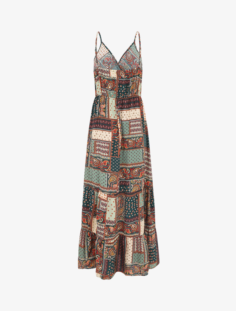 Robe longue style patchwork à bretelles - Vert - 2