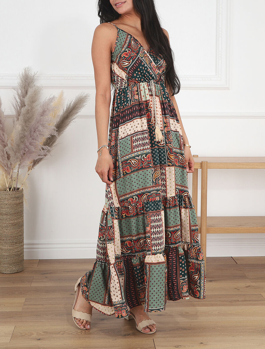 Robe longue style patchwork à bretelles - Vert - 4