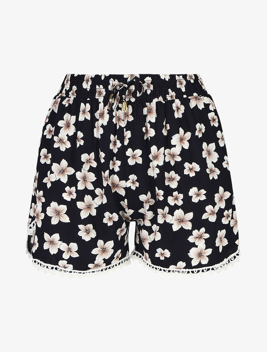 Short fleuri à bords en crochet - Noir - 1