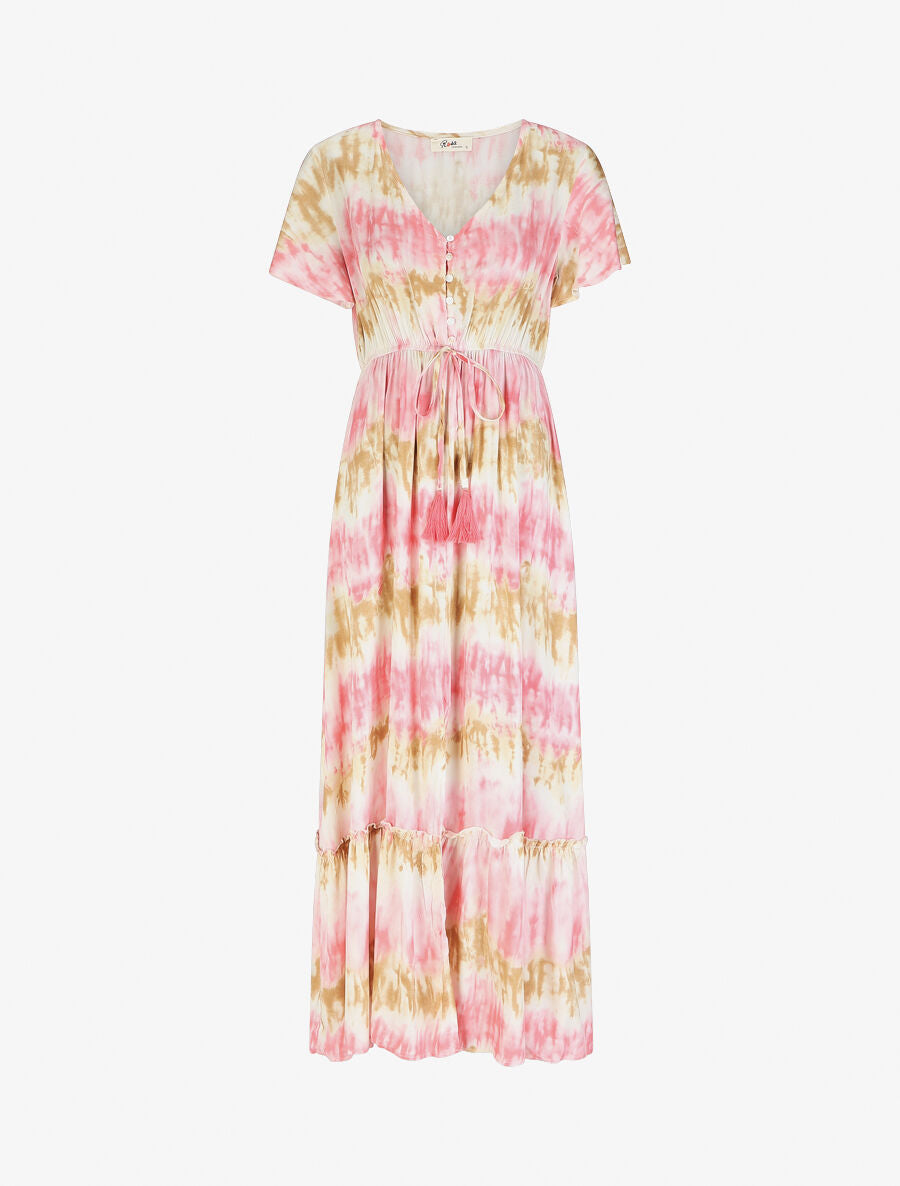 Robe longue évasée tie and dye - Camel/rose - 5