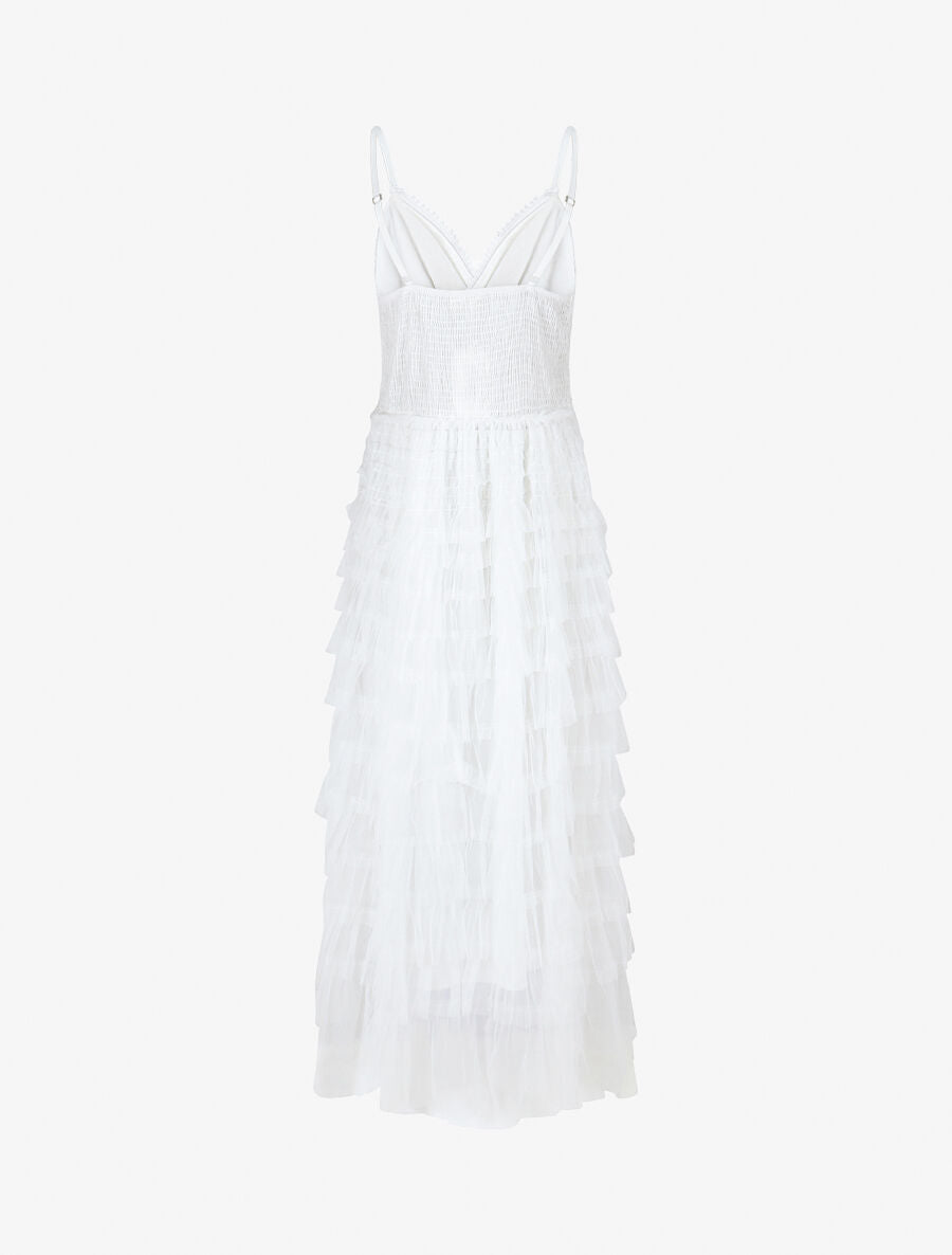 Robe longue à dentelle et volants - Blanc - 2