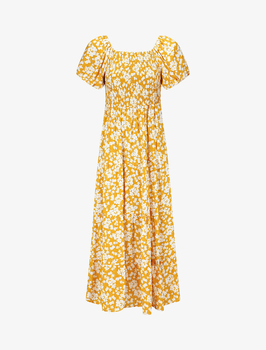 Robe imprimé fleuri à manches élastiquées - Jaune - 1