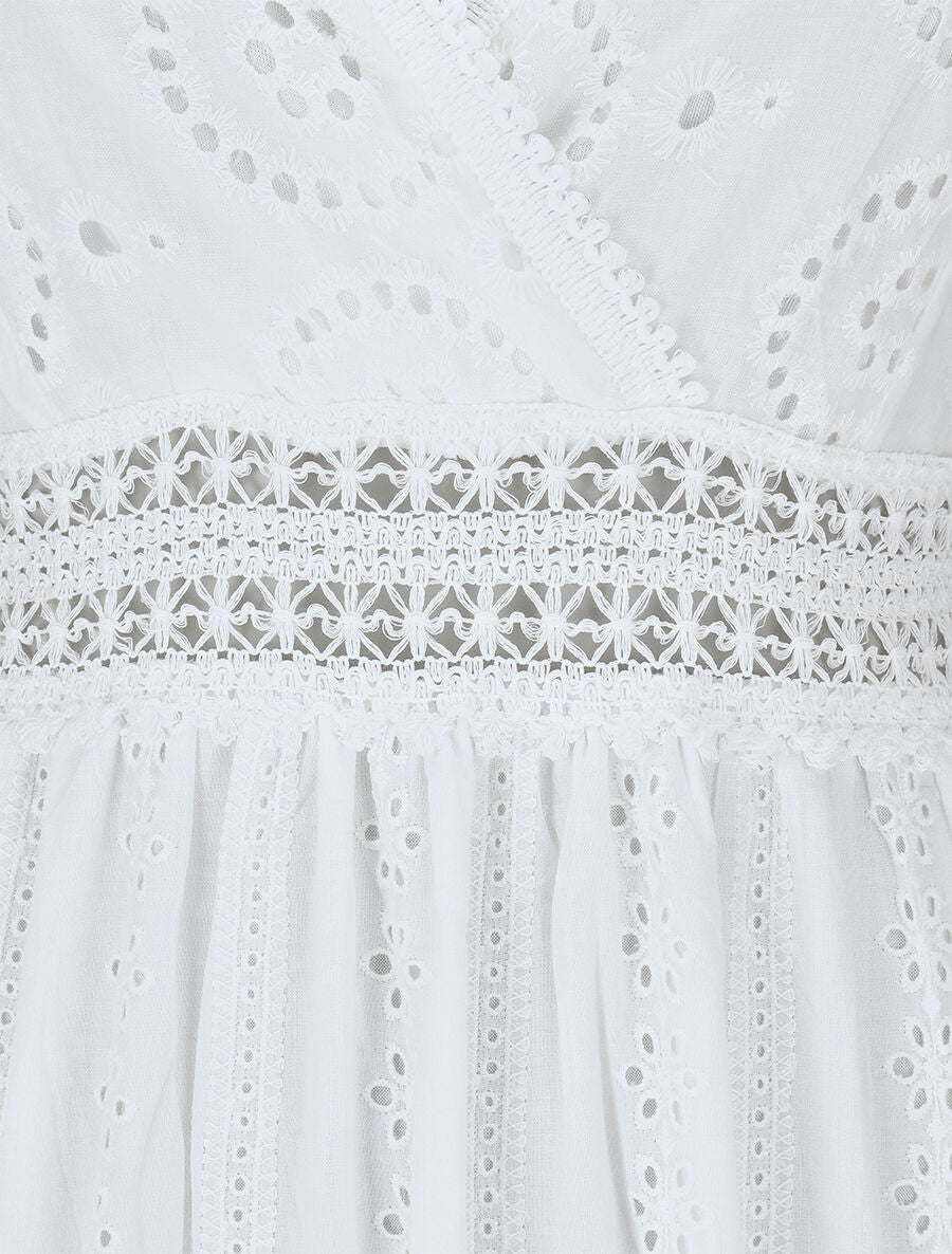 Robe longue unie à broderies - Blanc - 3