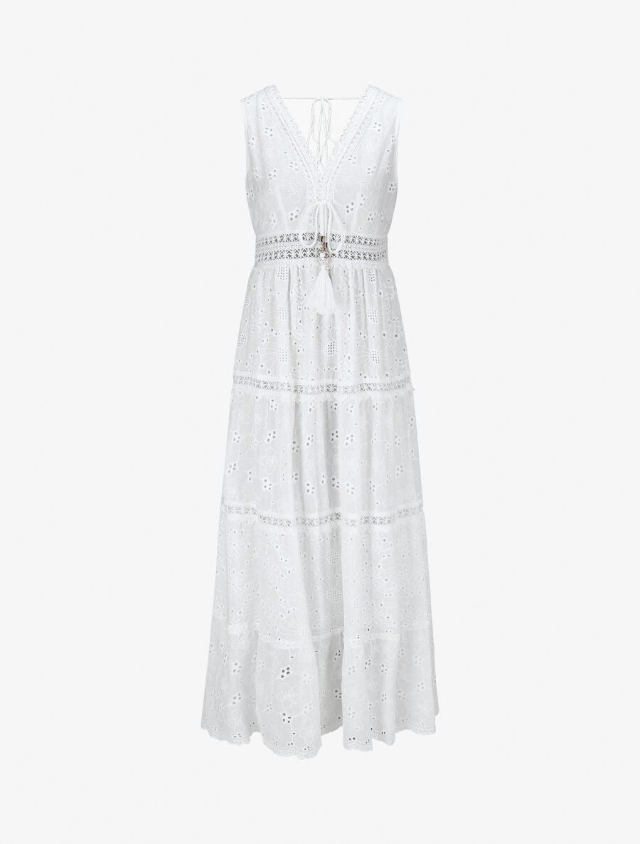 Robe longue à broderies et perles - Blanc - 4