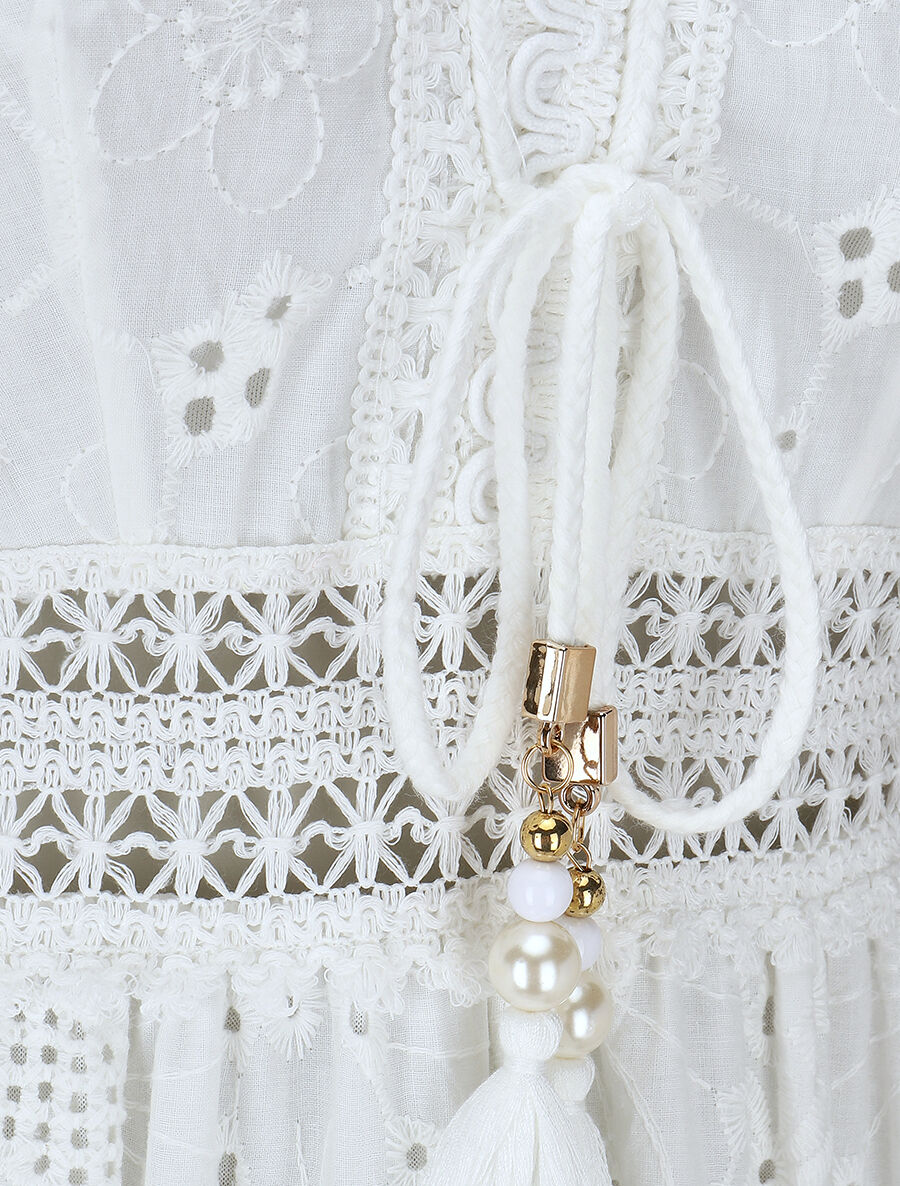 Robe longue à broderies et perles - Blanc - 3