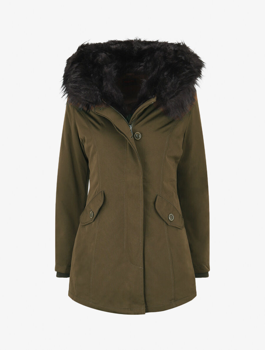 Parka uni à fourrure synthétique amovible - Kaki/noir - 1