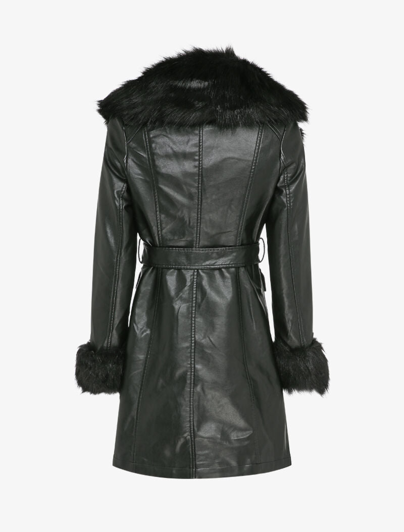 Manteau en simili à col et poignets en fausse fourrure - Noir - 2