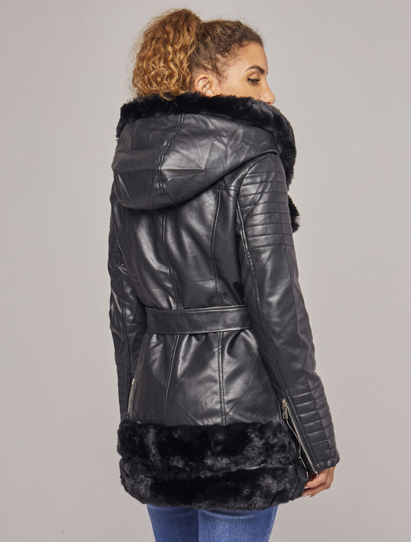 Manteau en simili à empiècement en fausse fourrure - Noir - 5