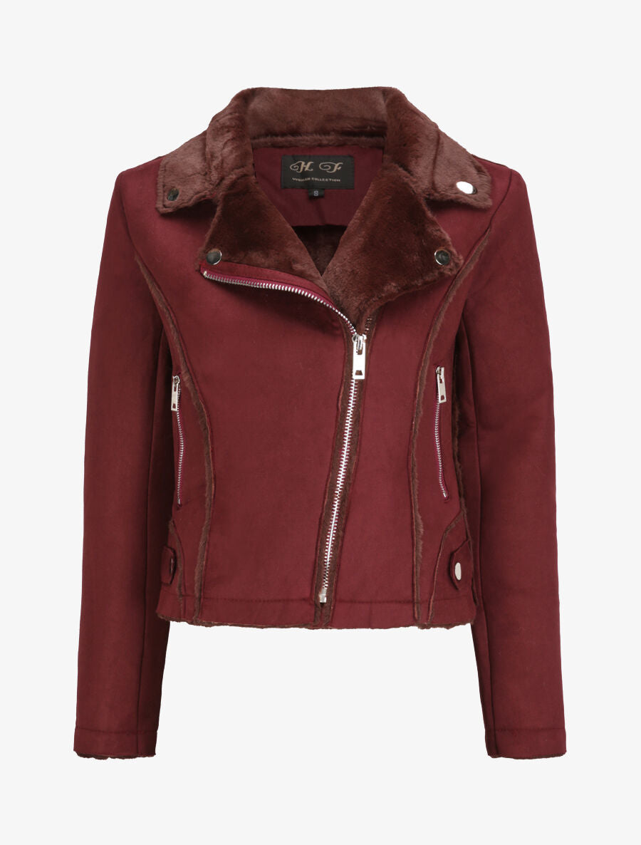 Veste fourrée à col cranté - Lie de vin - 1