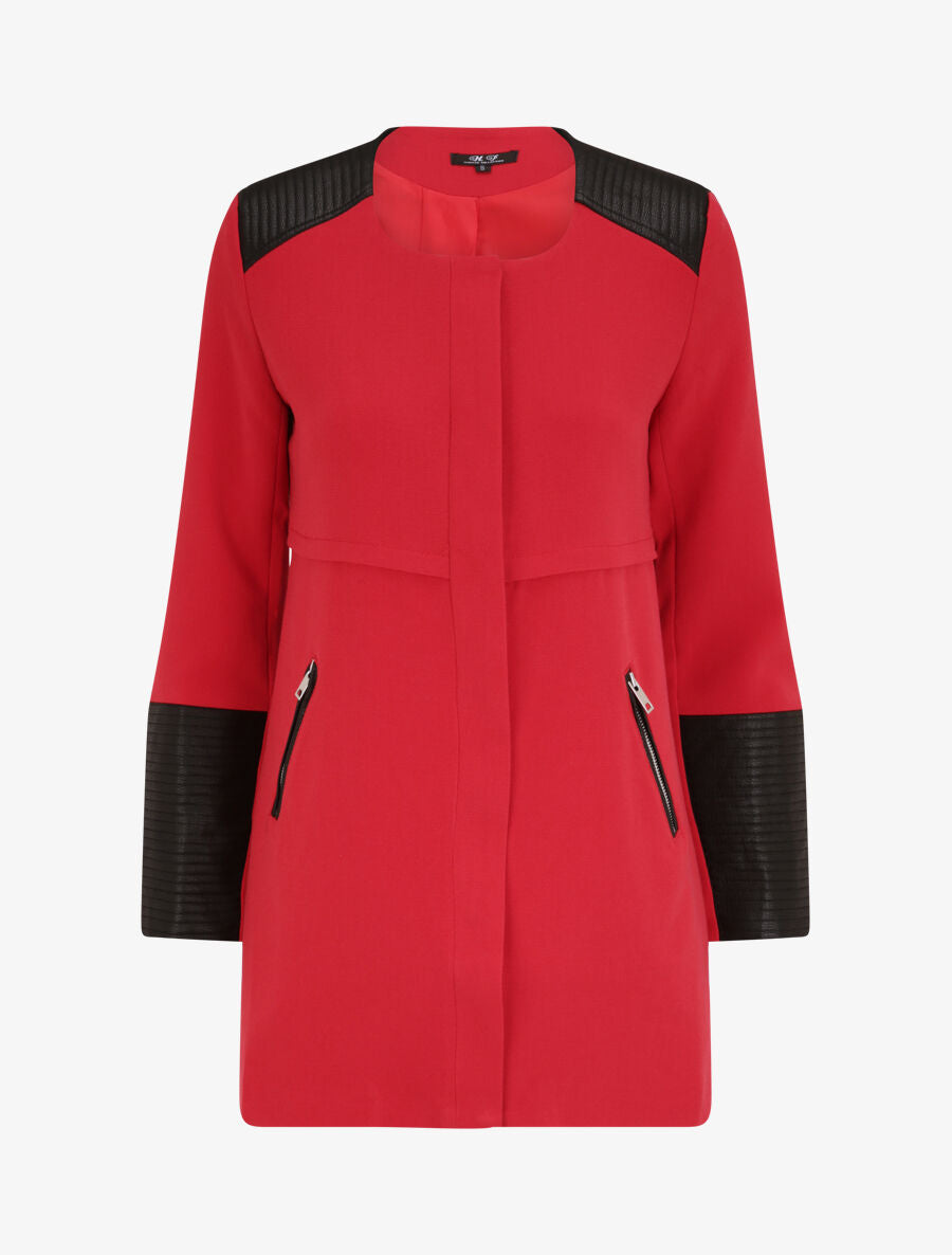 Manteau droit à empiècements en simili matelassé - Rouge - 4