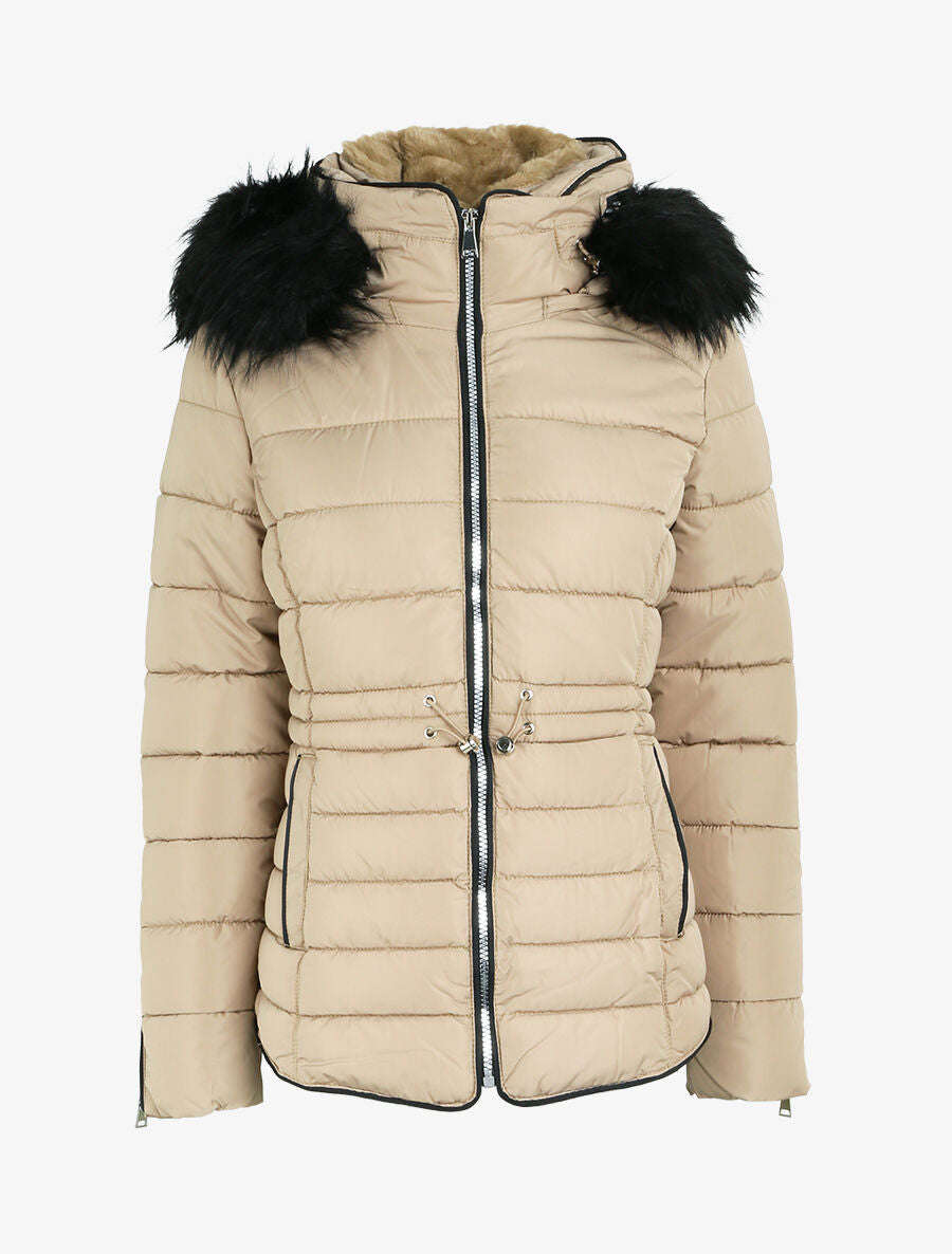 Doudoune fourrée à capuche à détail fausse fourrure - Beige - 4