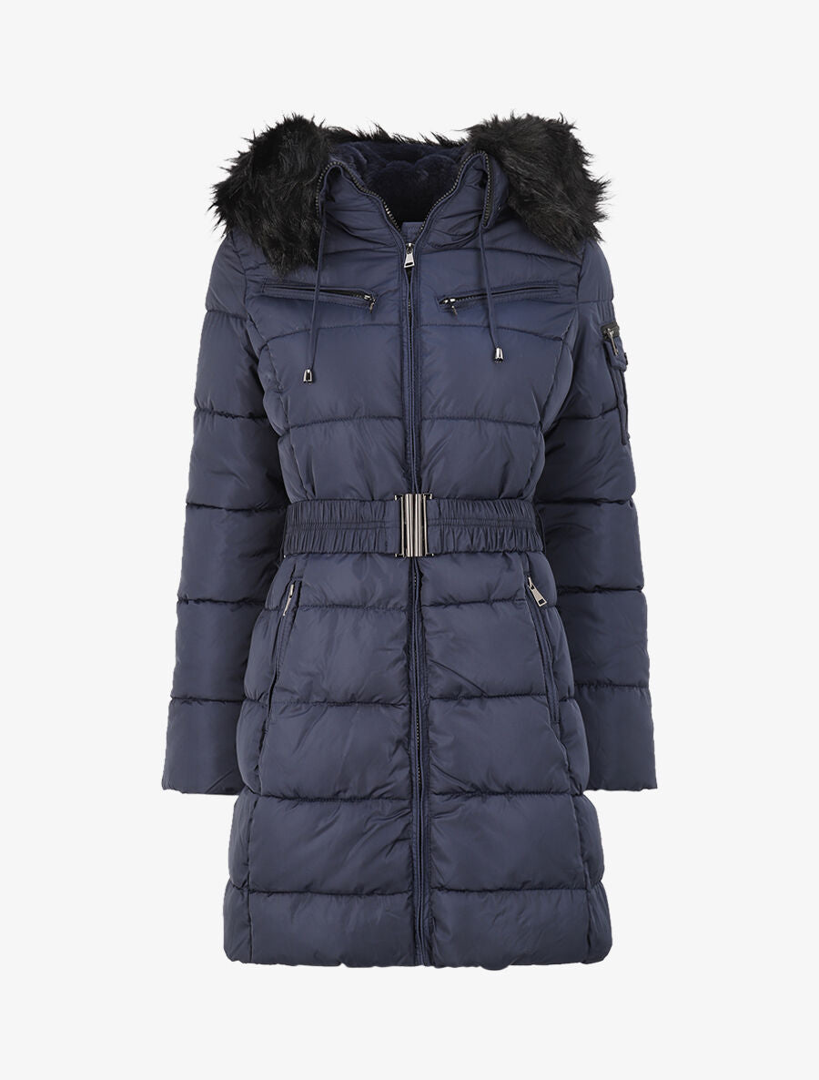 Doudoune mi-longue à poches zippées et capuche - Marine - 7