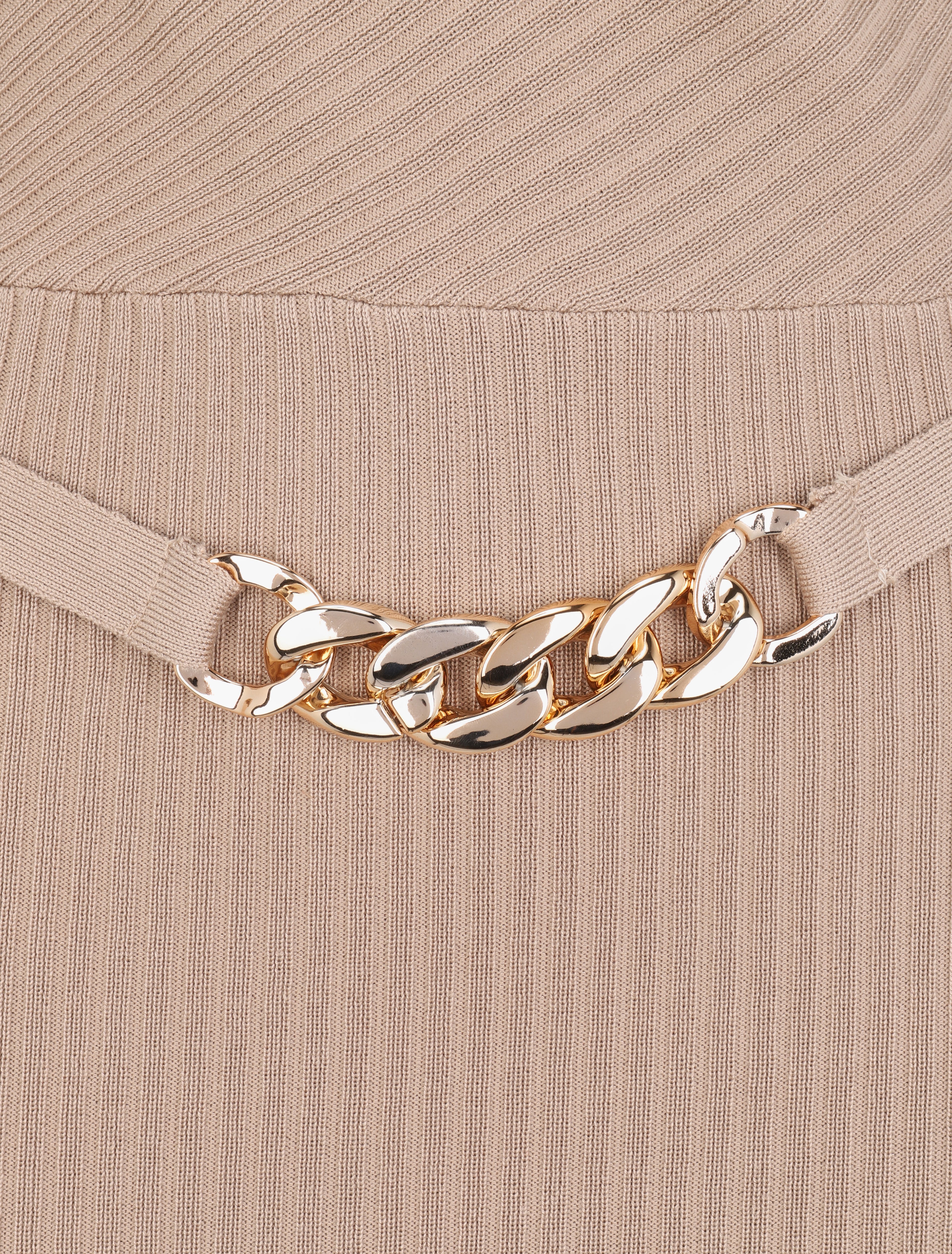 Robe cotelée à ceinture à détail chaîne - Beige - 3