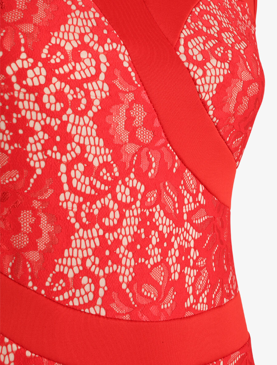Robe fourreau en dentelle - Rouge - 3