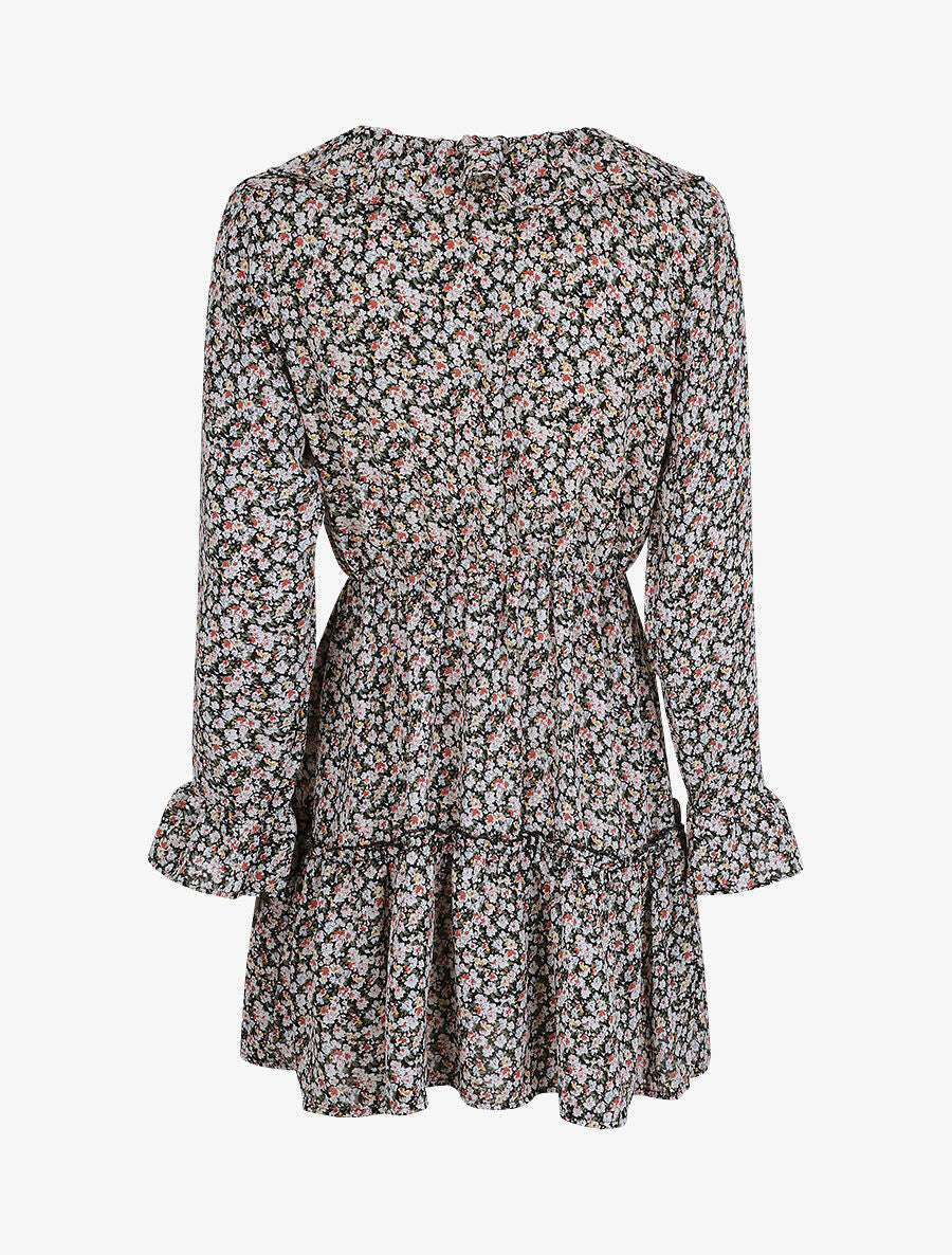 Robe courte patineuse à volants imprimé fleurs printanières - Noir - 2