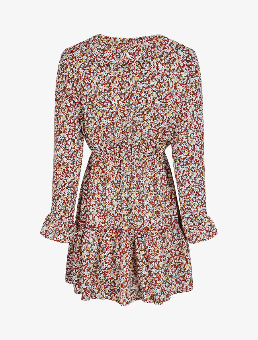 Robe courte patineuse à volants imprimé fleurs printanières - Rouille - 2