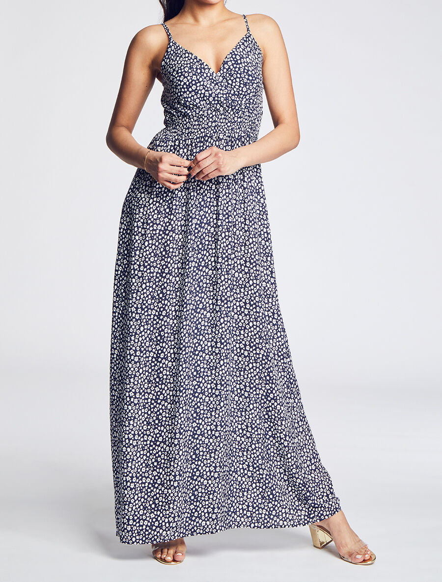 Robe longue empire imprimé marguerites - Marine - 4