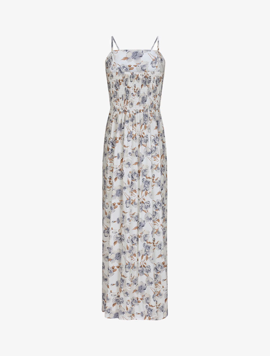 Robe longue empire fendue à imprimé roses - Écru - 2