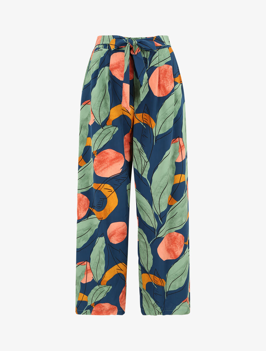 Pantalon fluide coupe loose à imprimé grandes feuilles - Marine - 1