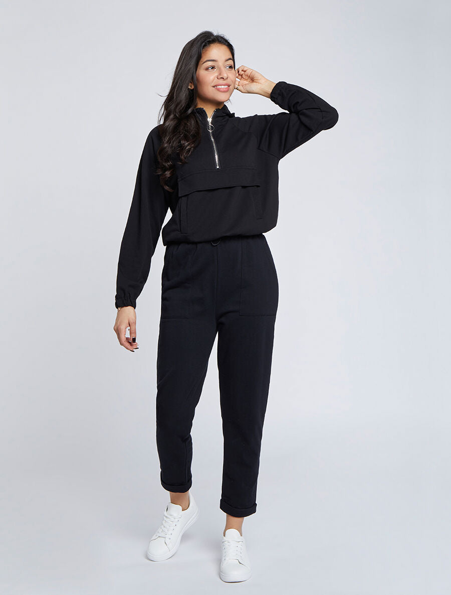 Sweat à capuche avec col zippé - Noir - 4