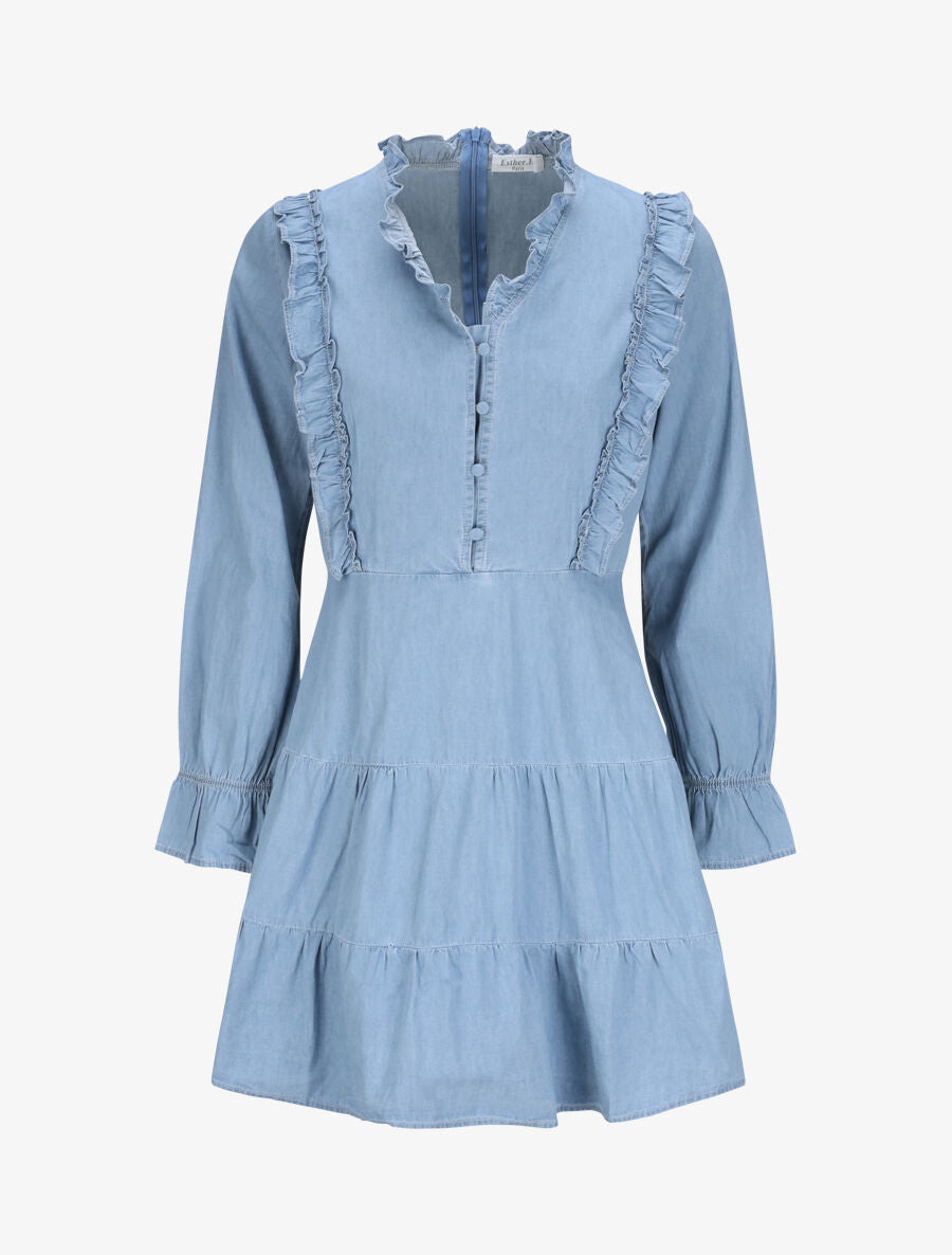 Robe patineuse courte unie à buste volanté - Bleu - 1