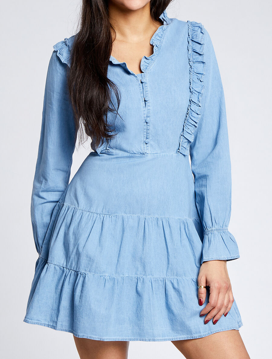 Robe patineuse courte unie à buste volanté - Bleu - 4