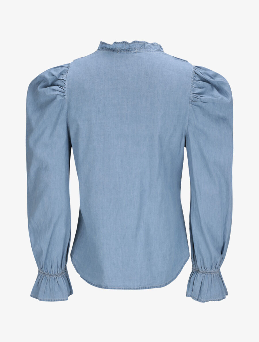 Chemise en jean droite unie volantée - Bleu - 2