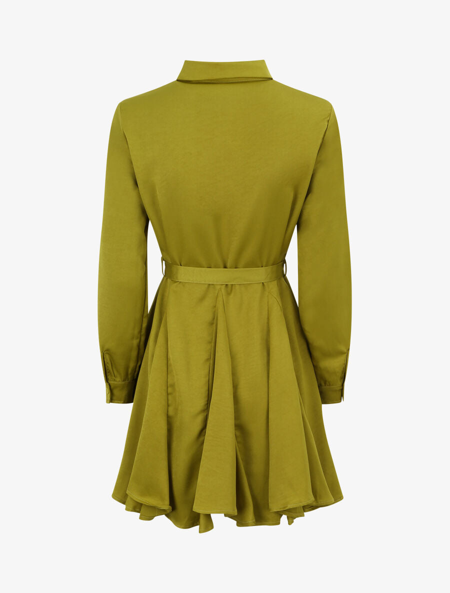 Robe chemise satinée à bords volantés - Vert anis - 2