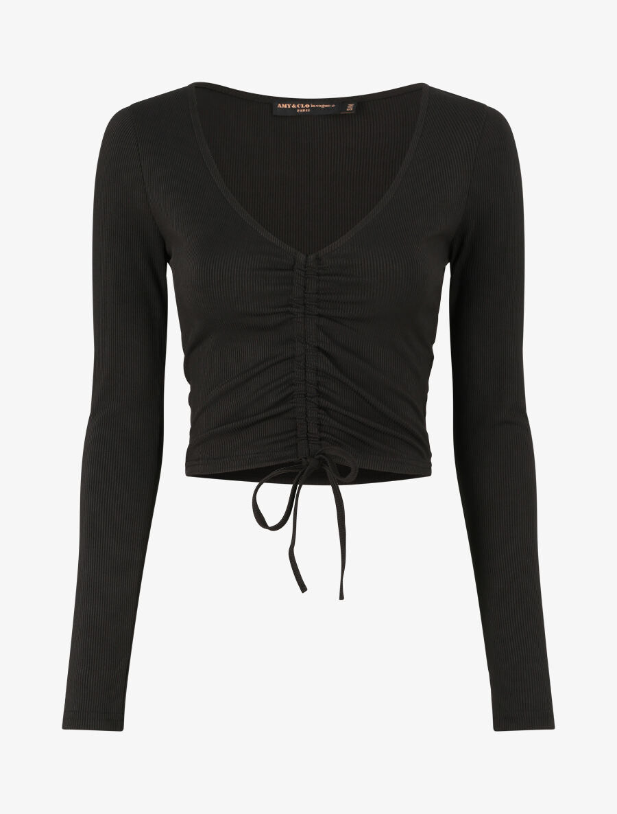 Crop top côtelé avec liens de serrage - Noir - 1