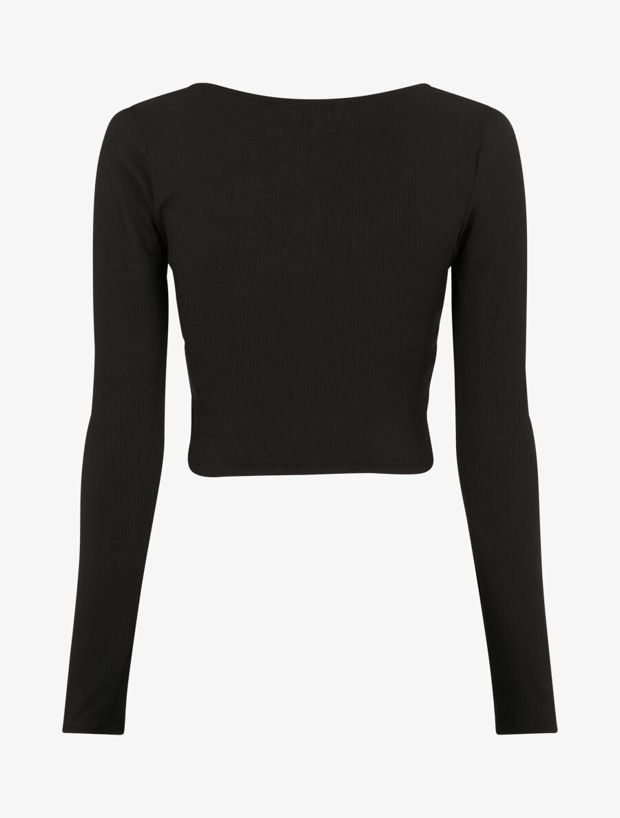 Crop top côtelé avec liens de serrage - Noir - 2