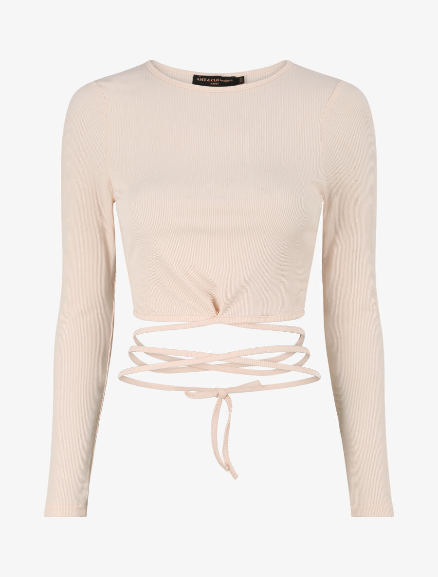 Crop top côtelé à manches longues et liens à nouer - Beige - 4