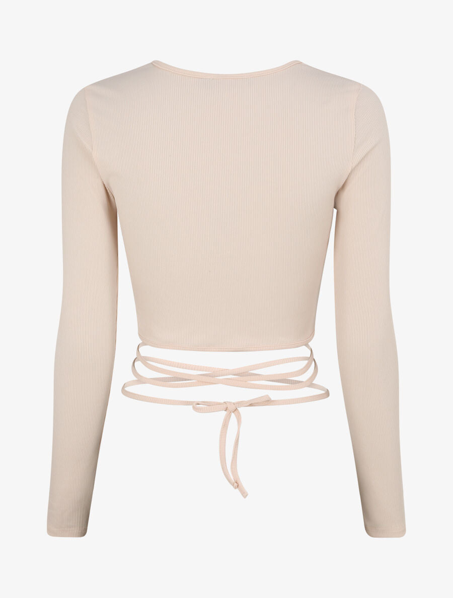 Crop top côtelé à manches longues et liens à nouer - Beige - 2