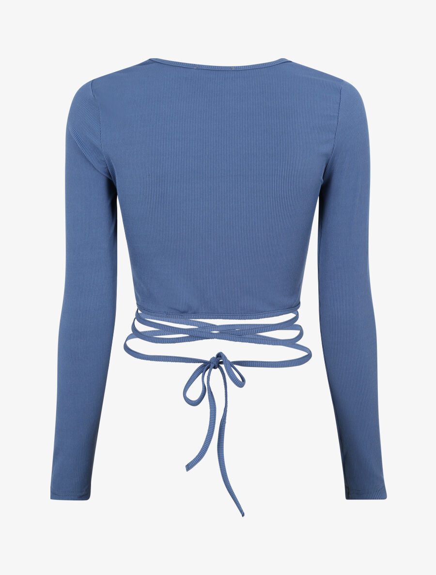 Crop top côtelé à manches longues et liens à nouer - Bleu - 2