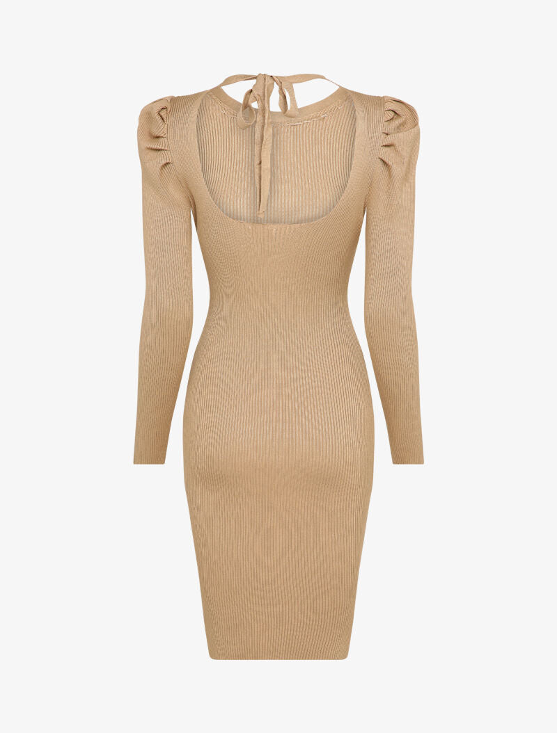 Robe pull côtelée et moulante à détail chaîne - Beige foncé - 2