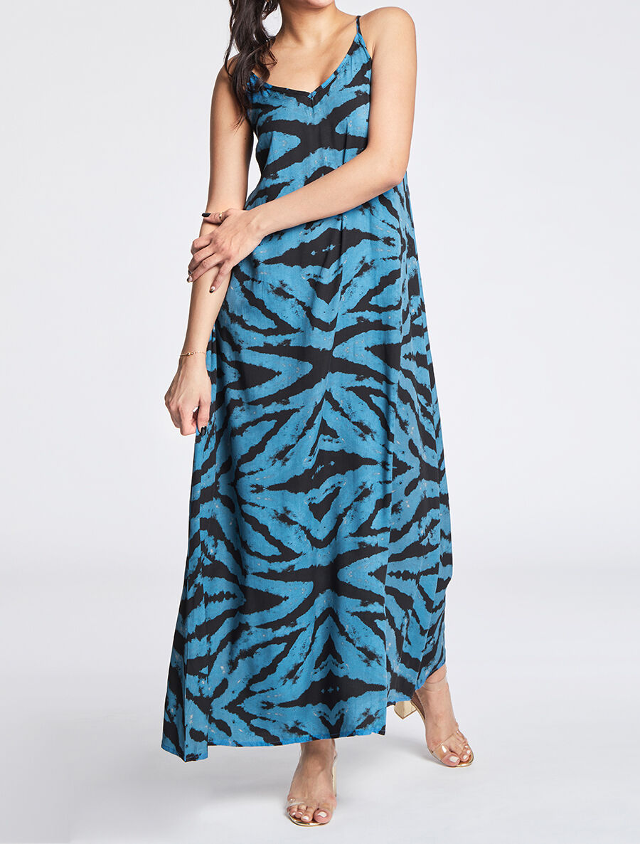 Robe longue à fines bretelles imprimé graphique - Bleu - 4
