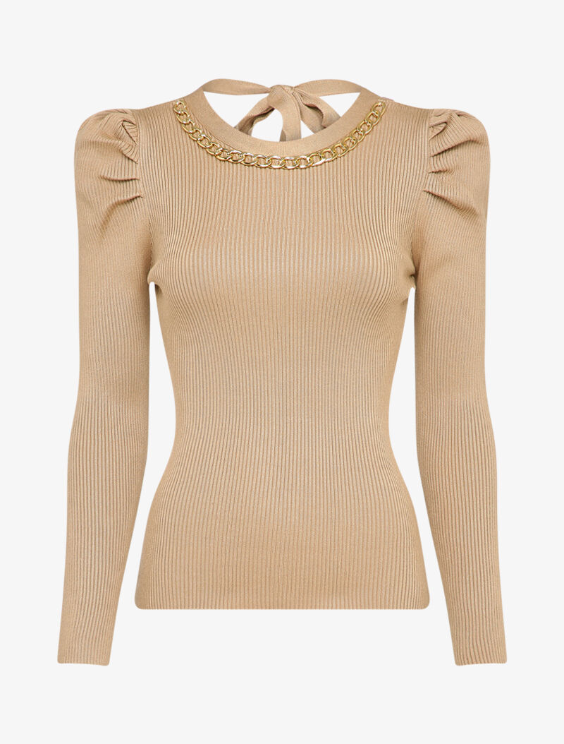 Pull côtelé à col rond à détail chaîne - Beige - 1