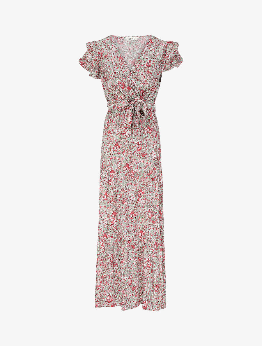 Robe longue empire fendue à imprimé fleurs des champs - Kaki - 4