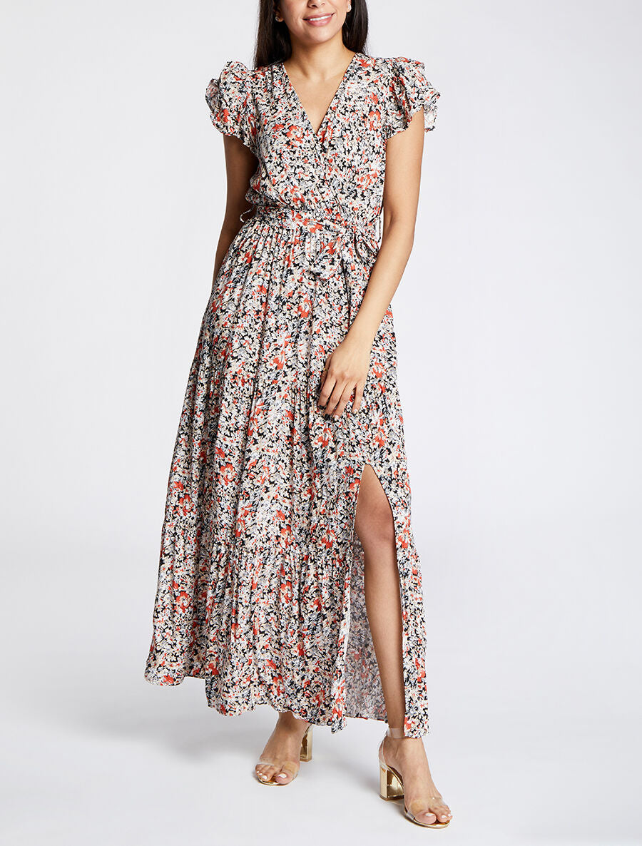 Robe longue empire fendue à imprimé fleurs des champs - Noir - 1
