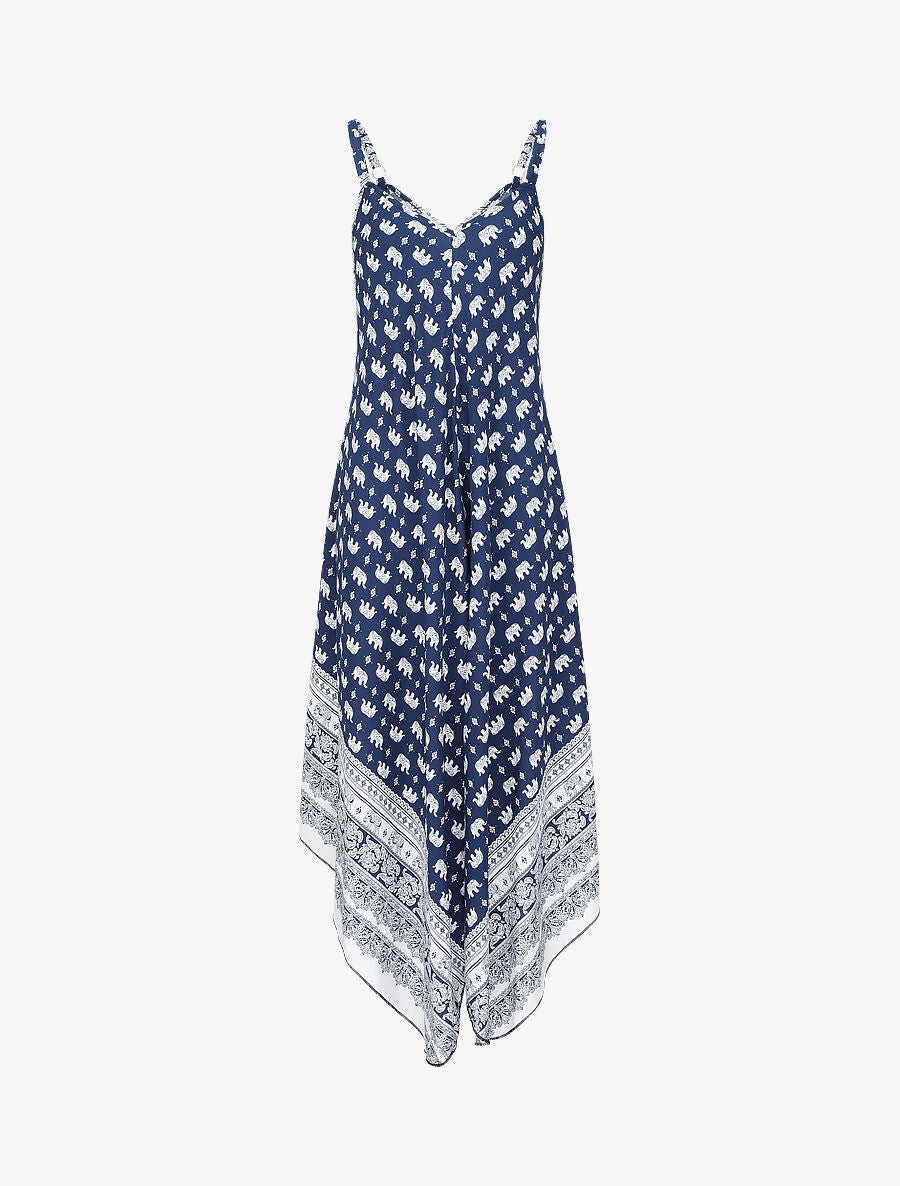 Robe longue asymétrique imprimé éléphants - Marine - 1
