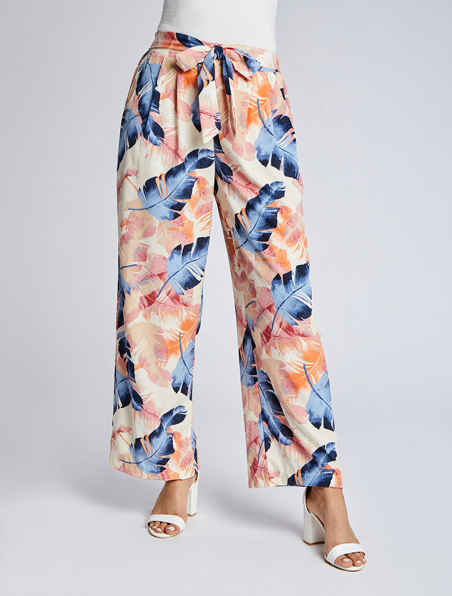 Pantalon ample à imprimé feuilles stylisées - Beige - 4